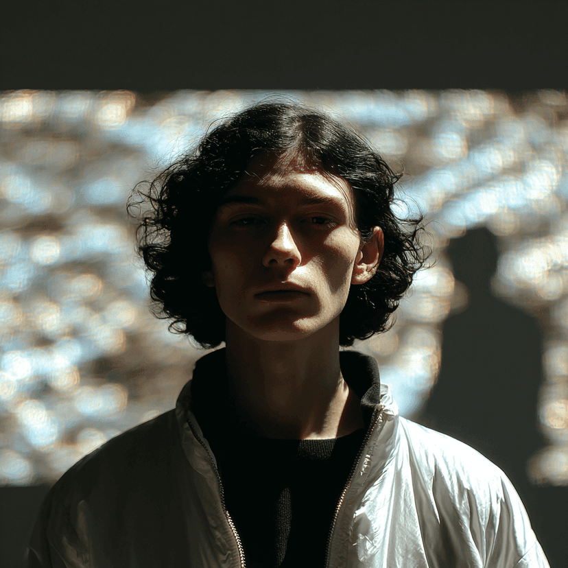 A portrait in a silver jacket against a field of bokeh lights