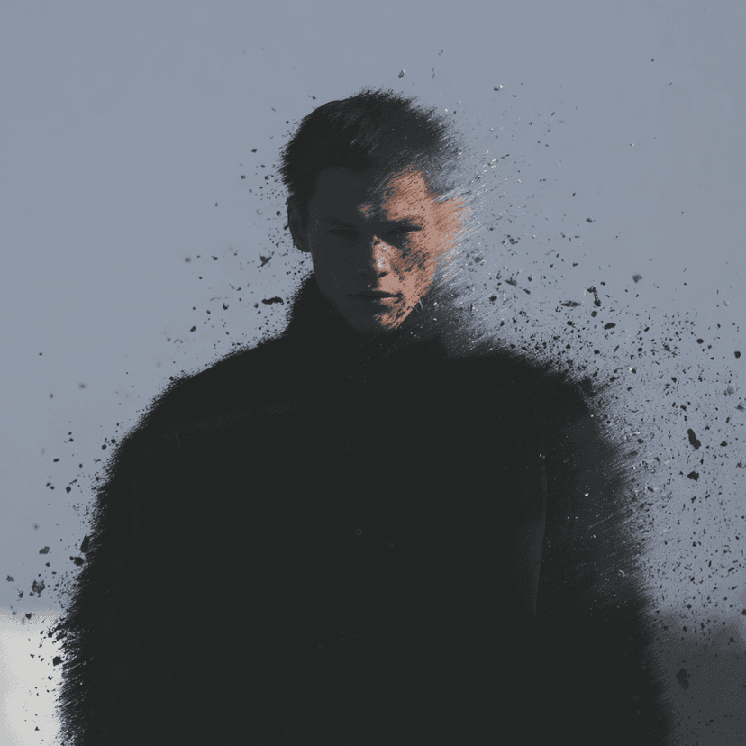 A figure dissolving into scattered particles