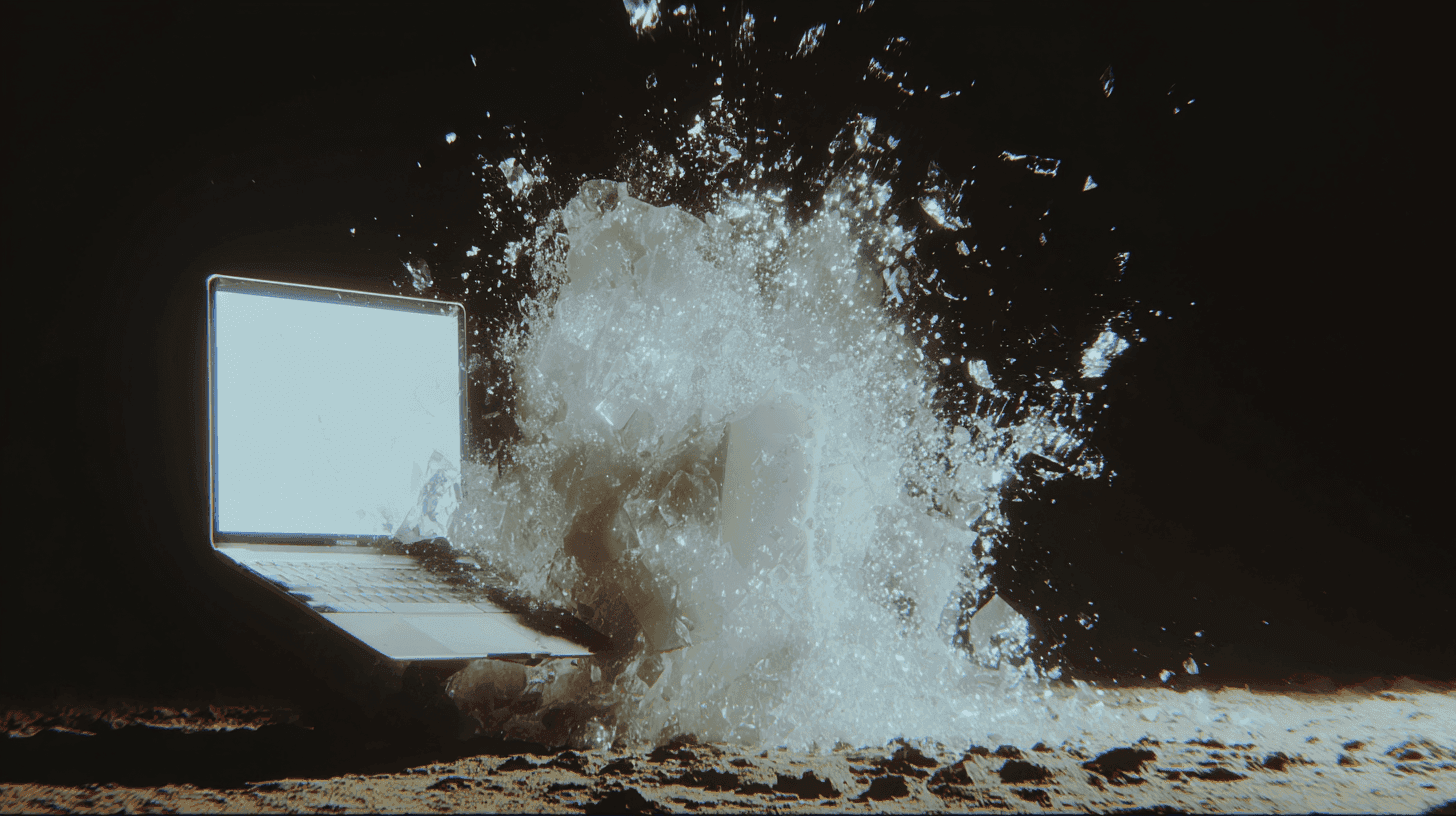 A laptop dissolving into a spray of white particles